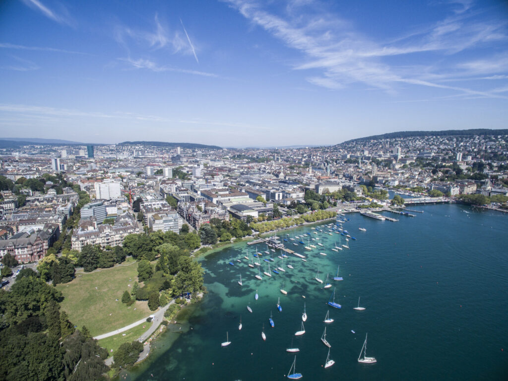 Aerial view of Zurich city with Lake Zurich and Alpine landscape, Switzerland